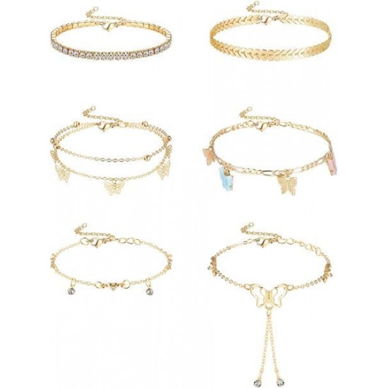 6Pcs Butterfly Chain Anklets For Women CZ Anklet Bracelets Set Adjustable Fashion Evil Eye Anklets